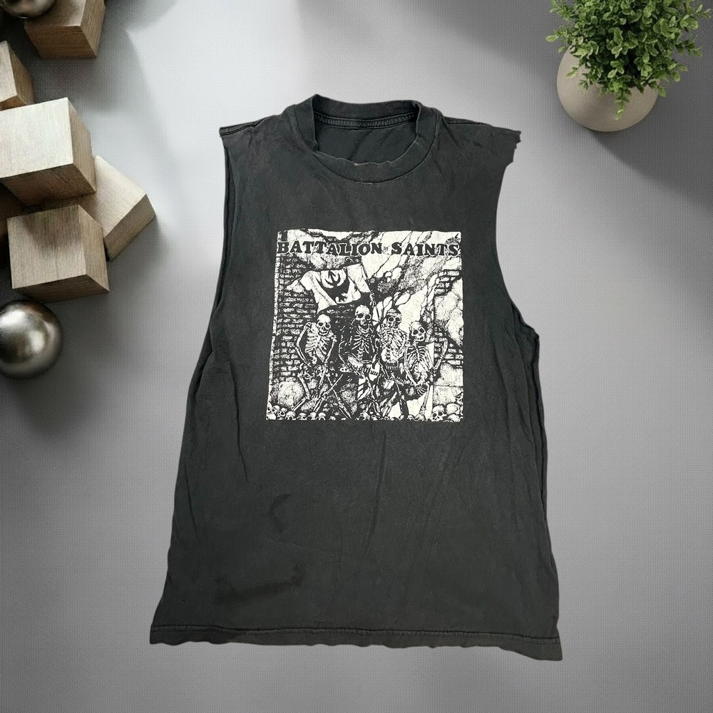 Vintage Battalion of Saints Muscle Tee Black Punk Rock Cutoff Shirt 90s Y2K